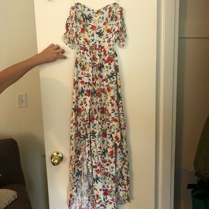 Cream Floral Print Off-the-Shoulder Maxi Dress- XS